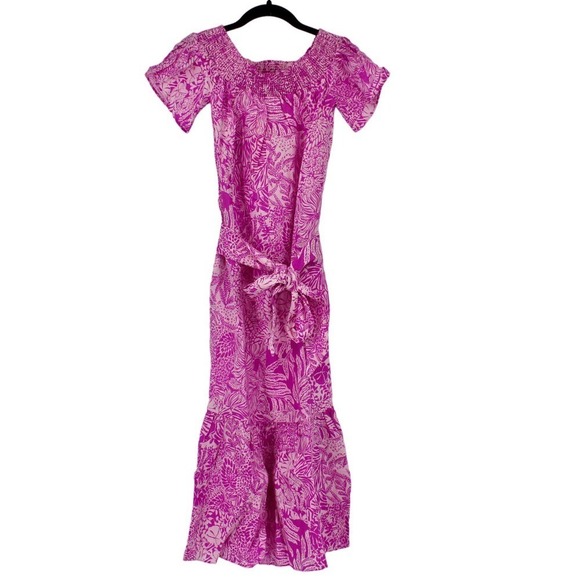 Lilly Pulitzer Off The Shoulder Linen Midi Dress Medium in Wild Fuchsia NEW - Picture 1 of 7